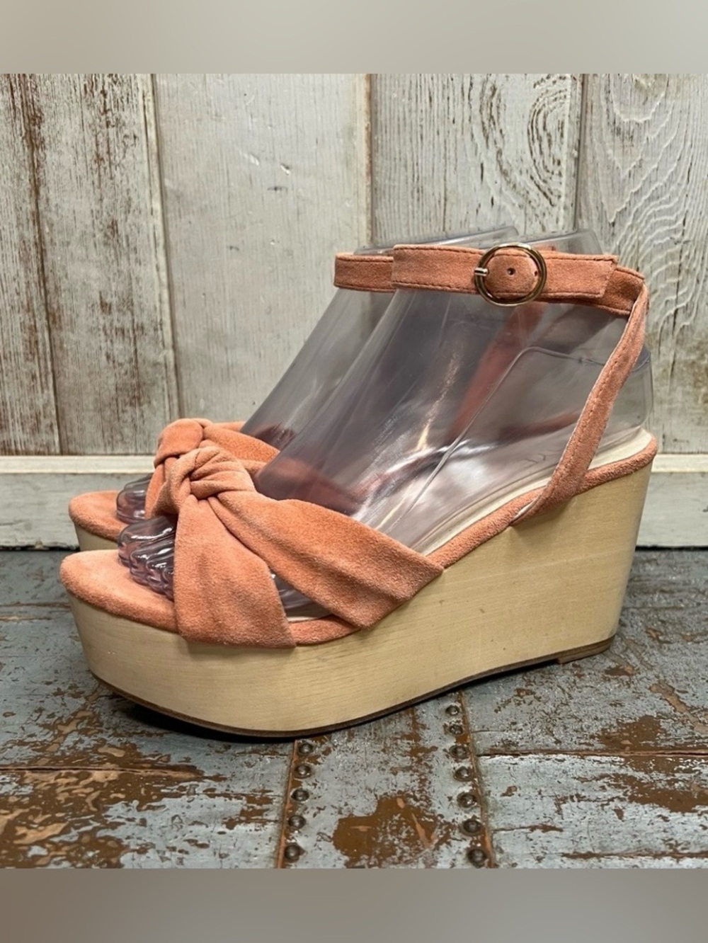 RAYE Faye Peach Suede Wedge Sandals